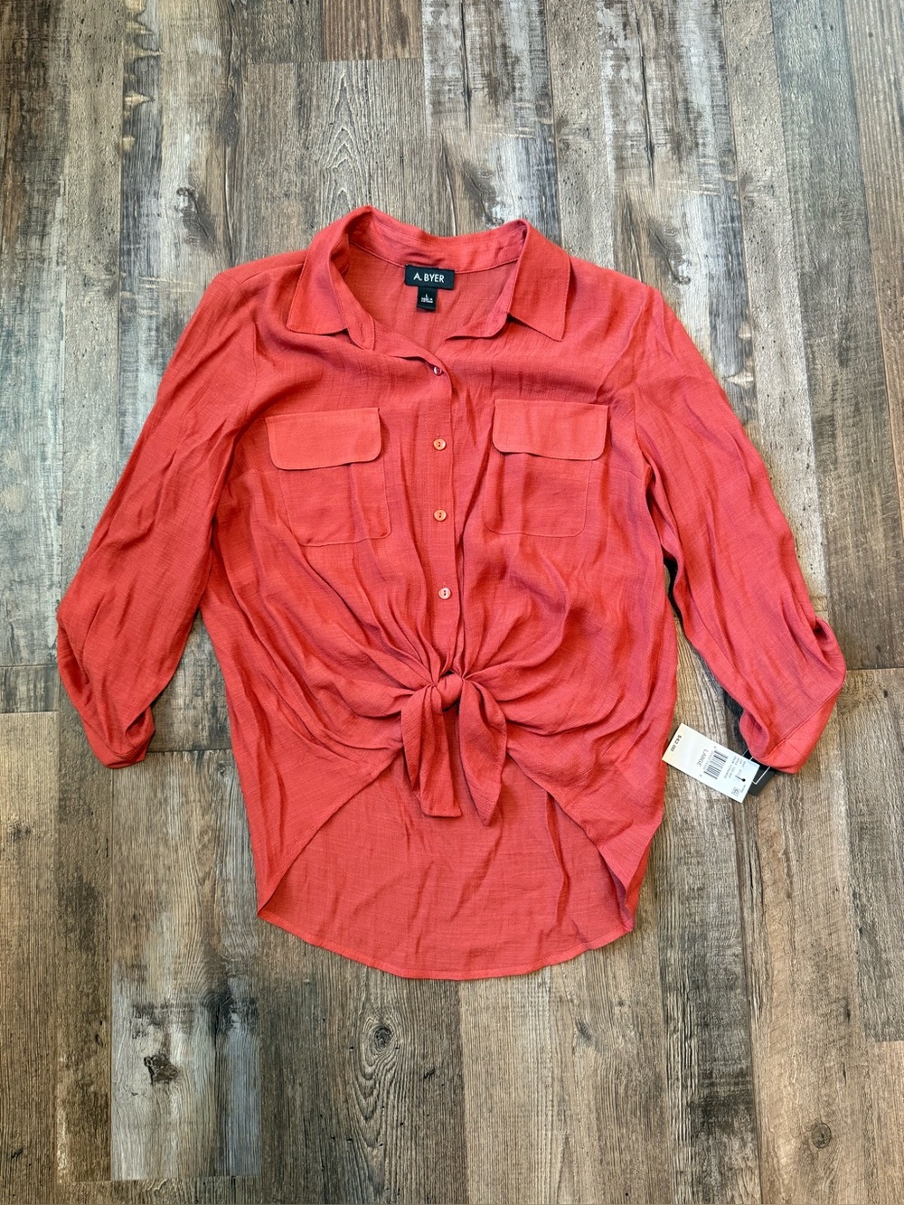 A. Byer Rust Tie-Front Button-Up Blouse